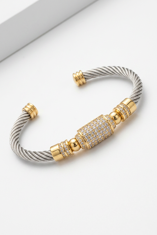 Two-Tone Luxe Cable & Pavé Cuff Bracelet-Cute-Trendy-Shop-Womens-Boutique-Clothing-Store