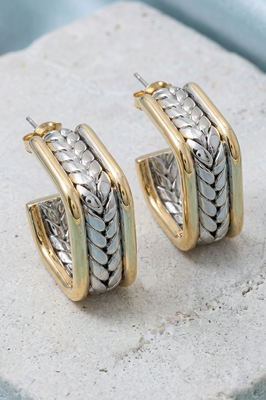 Two-Tone Woven Square Hoop Earrings-Cute-Trendy-Shop-Womens-Boutique-Clothing-Store