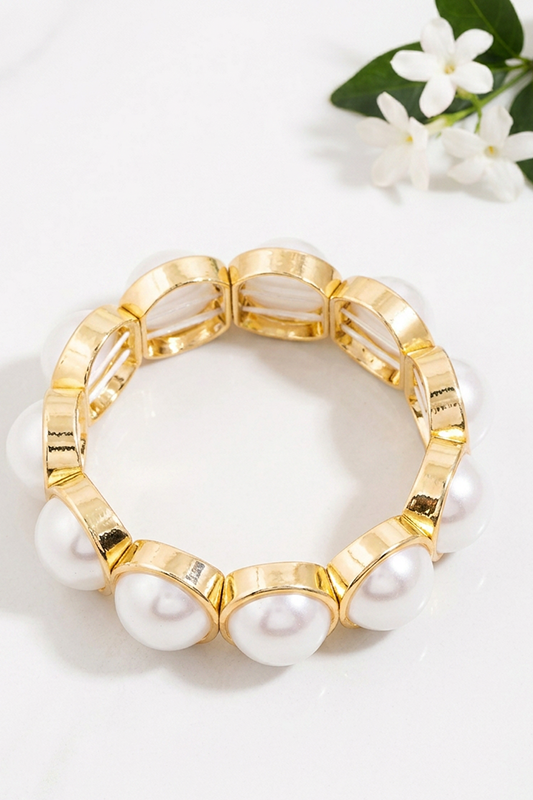 Gold-Tone Pearl Dome Stretch Bracelet-Cute-Trendy-Shop-Womens-Boutique-Clothing-Store