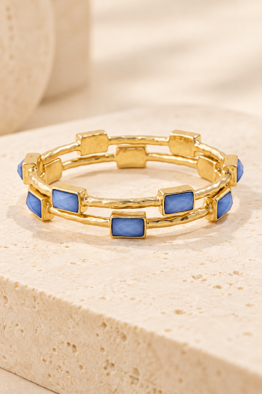Hammered Bezel Stone Station Bangle-Blue-Cute-Trendy-Shop-Womens-Boutique-Clothing-Store