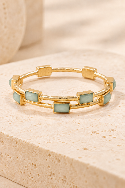 Hammered Bezel Stone Station Bangle-Aqua-Cute-Trendy-Shop-Womens-Boutique-Clothing-Store