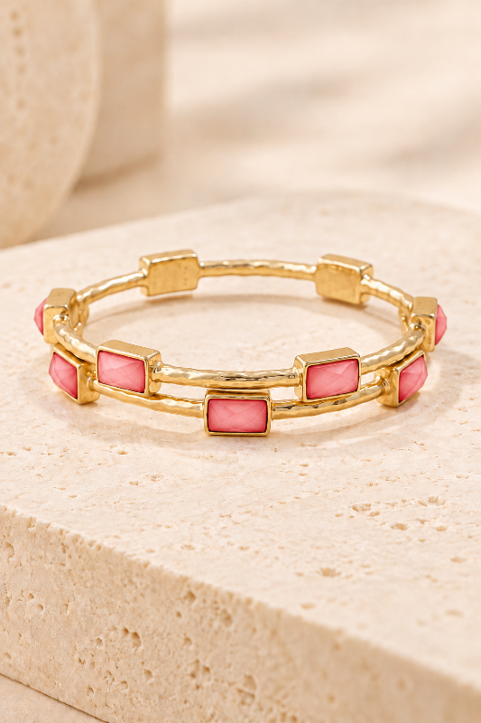 Hammered Bezel Stone Station Bangle-Pink-Cute-Trendy-Shop-Womens-Boutique-Clothing-Store