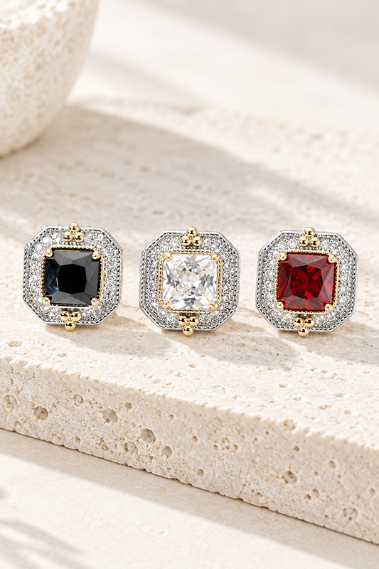 Square CZ Halo Statement Stud Earrings-Cute-Trendy-Shop-Womens-Boutique-Clothing-Store