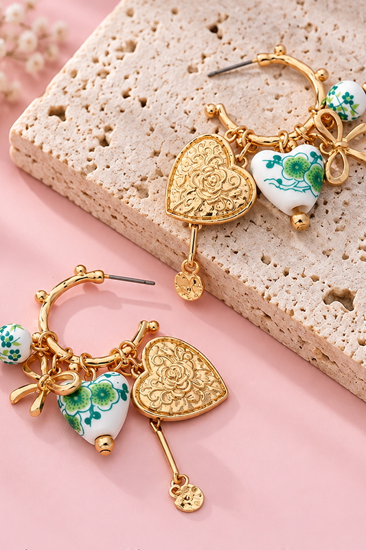 Fleur Romantic Floral Ceramic & Heart Charm Hoop Earrings-Cute-Trendy-Shop-Womens-Boutique-Clothing-Store