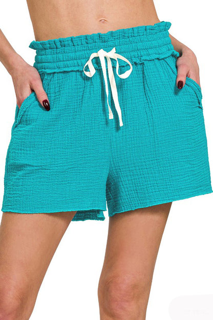 Like A Cup Of Coffee Gauze Shorts-Teal-SMALL-[option4]-[option5]-Cute-Trendy-Shop-Womens-Boutique-Clothing-Store