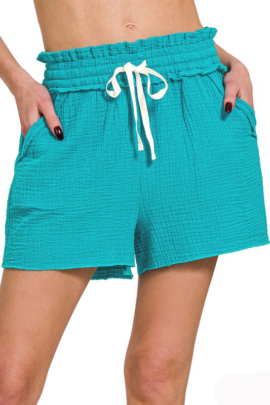 Like A Cup Of Coffee Gauze Shorts-Lt. Teal-SMALL-[option4]-[option5]-Cute-Trendy-Shop-Womens-Boutique-Clothing-Store