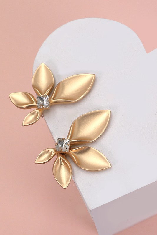 Stunning Gold Flower Earring with Center Rhinestone-[option4]-[option5]-Cute-Trendy-Shop-Womens-Boutique-Clothing-Store