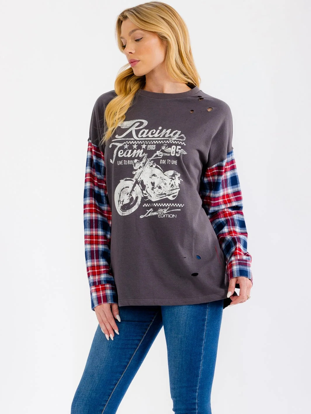 Midnight Rider Plaid Sleeve Tee-Cute-Trendy-Shop-Womens-Boutique-Clothing-Store