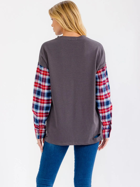 Midnight Rider Plaid Sleeve Tee-Cute-Trendy-Shop-Womens-Boutique-Clothing-Store