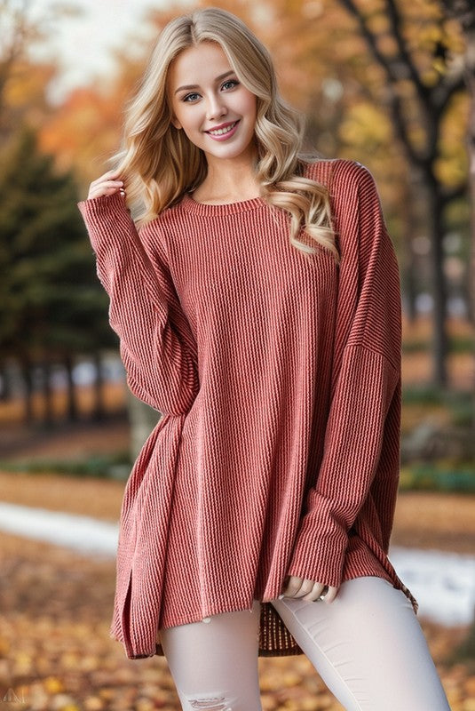 Good Ole' Days Rust Oversized Ribbed Tunic Top-[option4]-[option5]-Cute-Trendy-Shop-Womens-Boutique-Clothing-Store