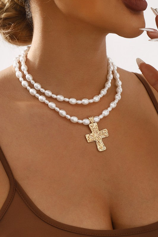 The Way To Go Gold Cross & Pearl Necklace-[option4]-[option5]-Cute-Trendy-Shop-Womens-Boutique-Clothing-Store