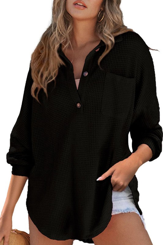 So Happy Inside Waffle Top Black-[option4]-[option5]-Cute-Trendy-Shop-Womens-Boutique-Clothing-Store