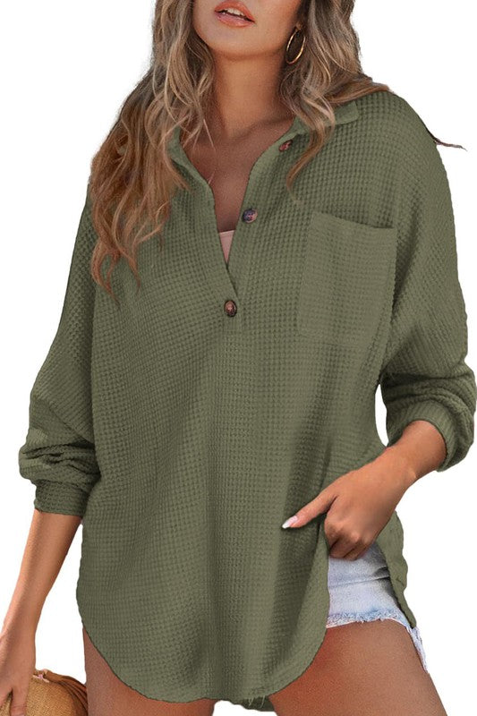 So Happy Inside Waffle Top Olive Green-[option4]-[option5]-Cute-Trendy-Shop-Womens-Boutique-Clothing-Store