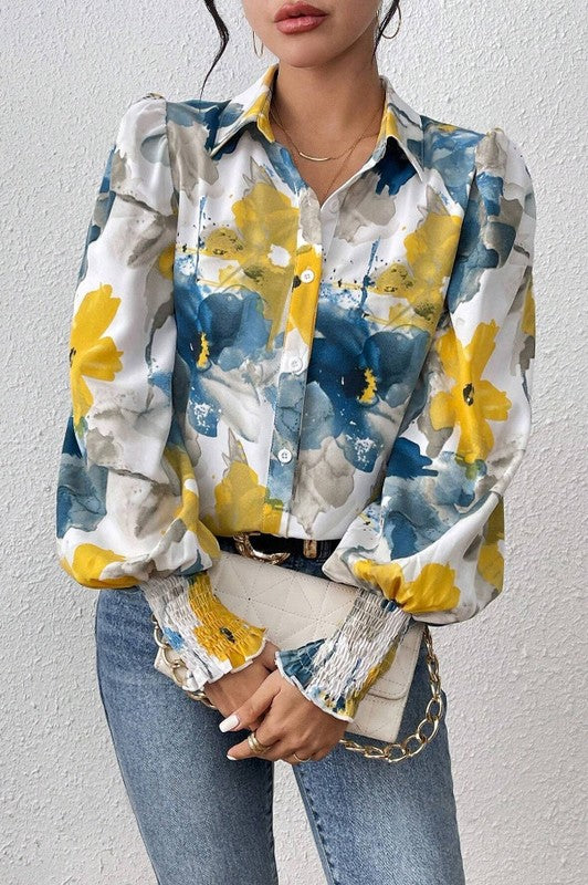 Create Your Style Floral Print Blouse Blue & Yellow-[option4]-[option5]-Cute-Trendy-Shop-Womens-Boutique-Clothing-Store