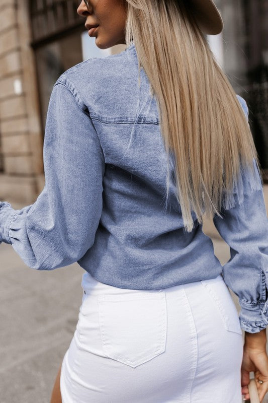 Meet Me For Lunch Denim Blouse-[option4]-[option5]-Cute-Trendy-Shop-Womens-Boutique-Clothing-Store