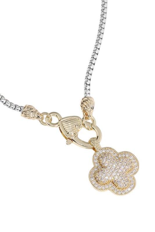 Two-Tone Quatrefoil Pendant Necklace-Cute-Trendy-Shop-Womens-Boutique-Clothing-Store
