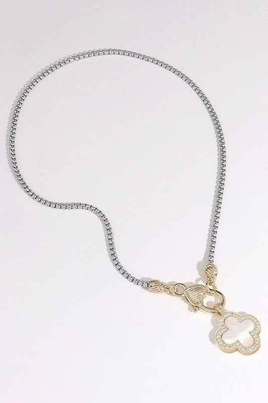 Two-Tone Quatrefoil Pendant Necklace-White-Cute-Trendy-Shop-Womens-Boutique-Clothing-Store