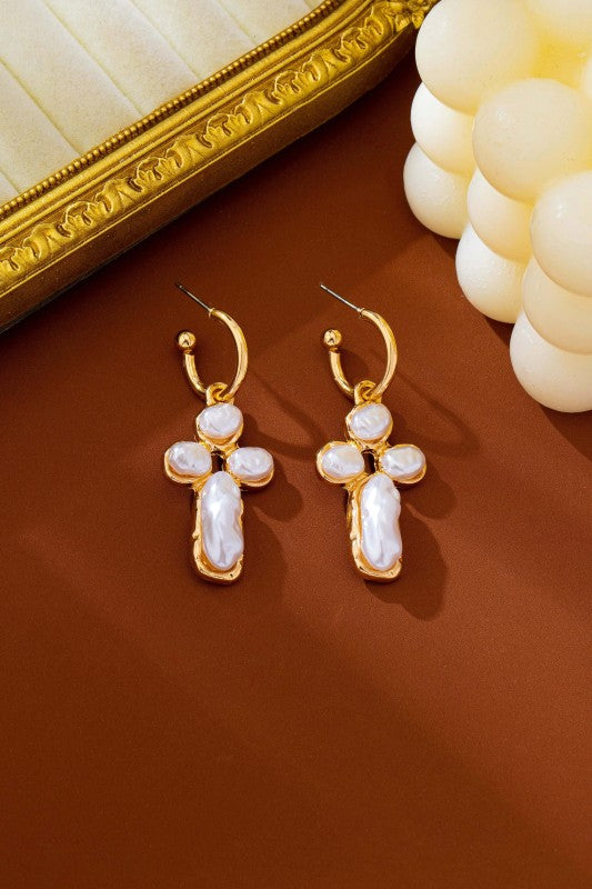 Evangeline Textured Gold & Organic Pearl Cross Earrings