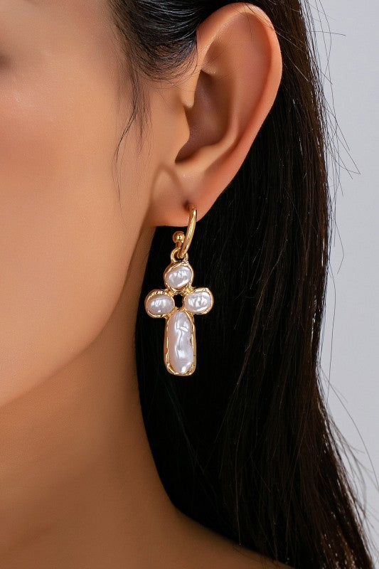 Evangeline Textured Gold & Organic Pearl Cross Earrings