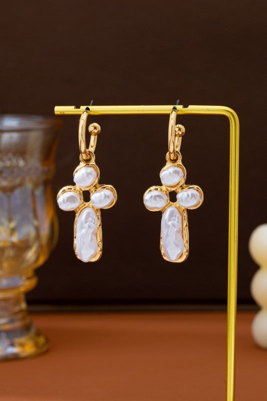 Evangeline Textured Gold & Organic Pearl Cross Earrings