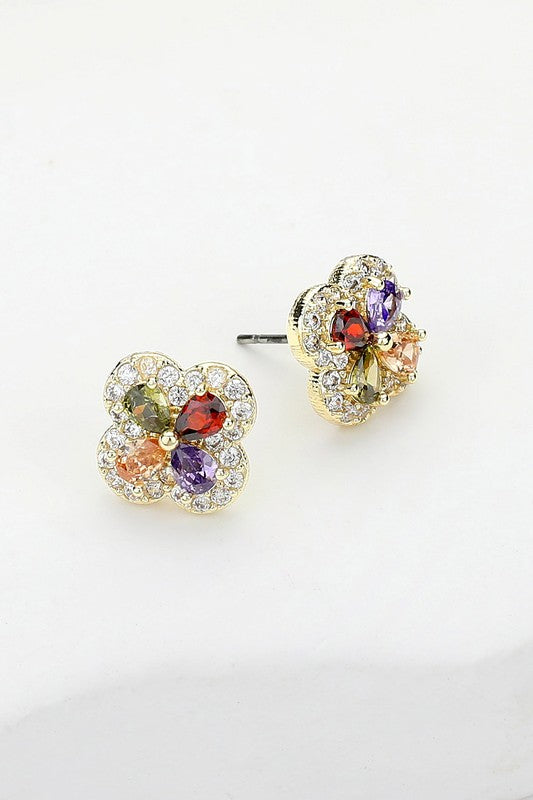 Colorful CZ Stone Embellished Quatrefoil Stud Earrings-Cute-Trendy-Shop-Womens-Boutique-Clothing-Store