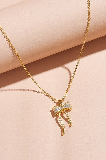 Sweetheart Gilded Crystal Bow Pendant Necklace-Cute-Trendy-Shop-Womens-Boutique-Clothing-Store