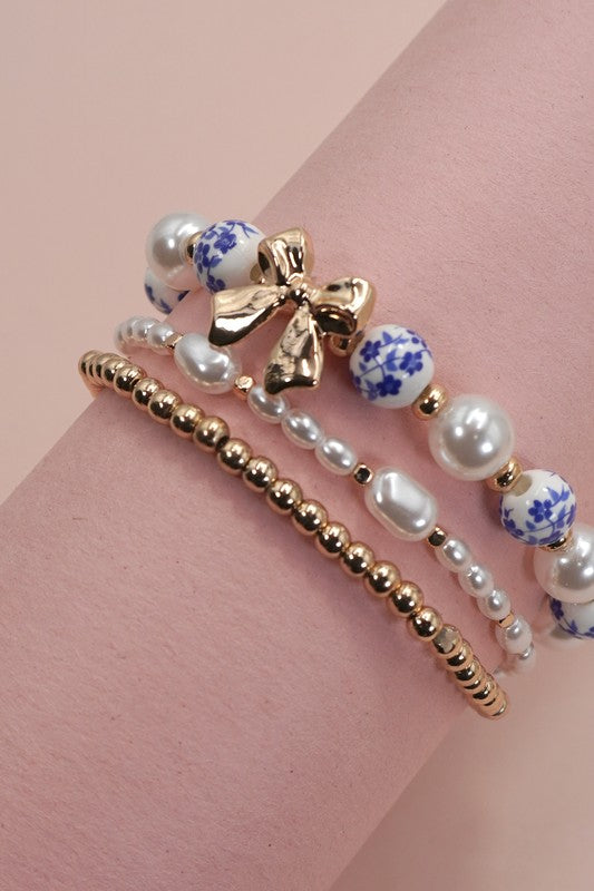 Chinoiserie & Pearl Bow 3-Piece Beaded Bracelet Set