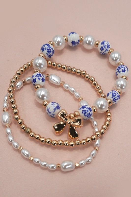 Chinoiserie & Pearl Bow 3-Piece Beaded Bracelet Set