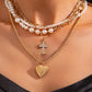 Heavenly Rhinestone Cross & Heart Multilayer Pearl Necklace