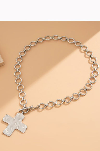 Time For Family Hammered Cross Necklace-Silver-Cute-Trendy-Shop-Womens-Boutique-Clothing-Store