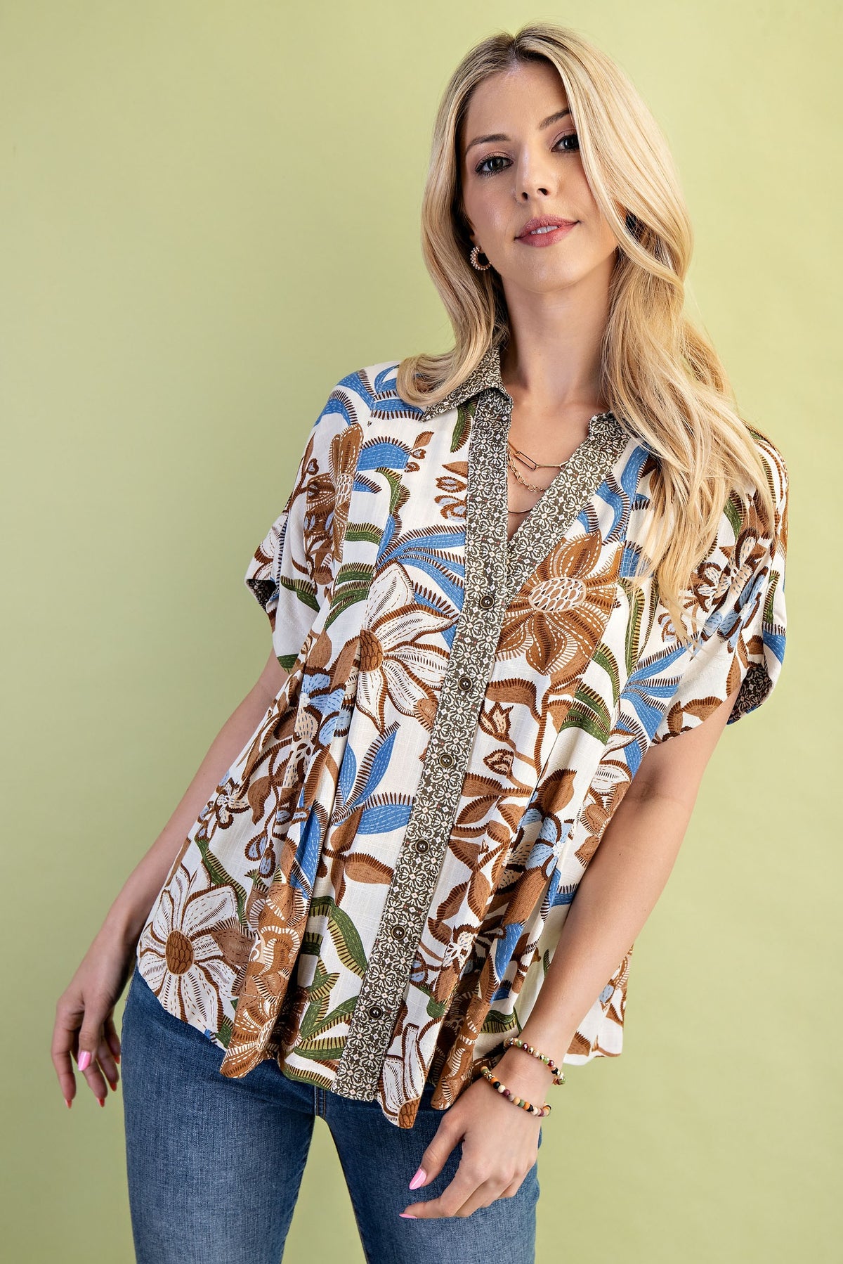 Oasis Botanical Pleated Button-Down-Cute-Trendy-Shop-Womens-Boutique-Clothing-Store