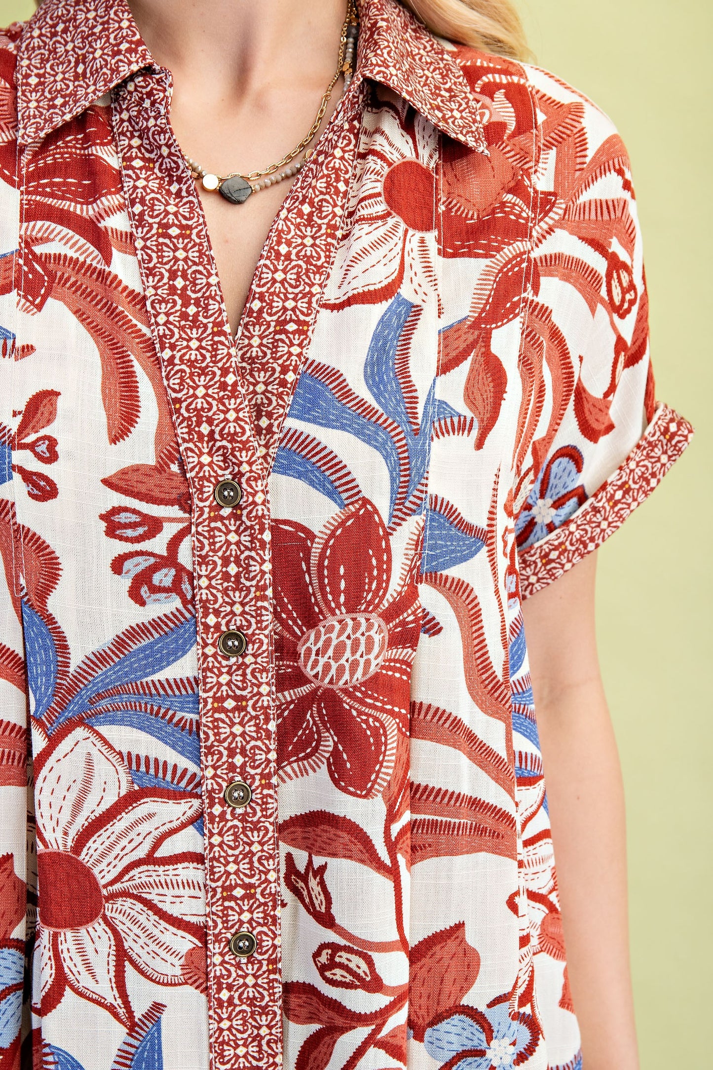 Oasis Botanical Pleated Button-Down-Cute-Trendy-Shop-Womens-Boutique-Clothing-Store