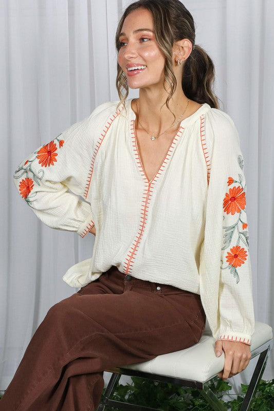 Ready For Work Cream Top With Embroidery-[option4]-[option5]-Cute-Trendy-Shop-Womens-Boutique-Clothing-Store