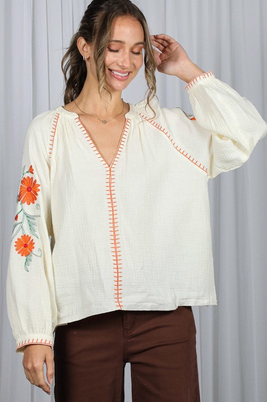 Ready For Work Cream Top With Embroidery-[option4]-[option5]-Cute-Trendy-Shop-Womens-Boutique-Clothing-Store