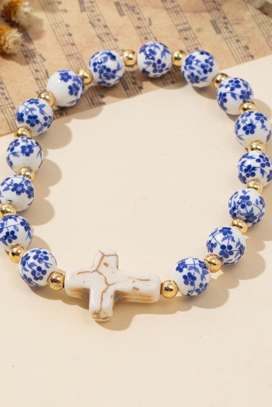 Chinoiserie Blue & White Floral Cross Beaded Bracelet