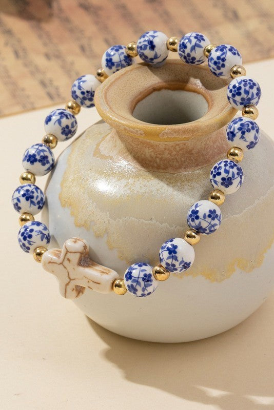 Chinoiserie Blue & White Floral Cross Beaded Bracelet