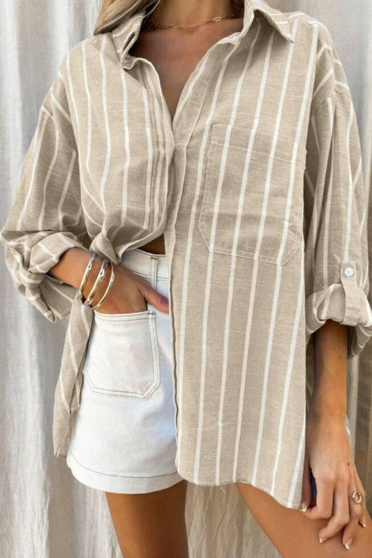 Let's Stay Stripe Kahki Top-[option4]-[option5]-Cute-Trendy-Shop-Womens-Boutique-Clothing-Store