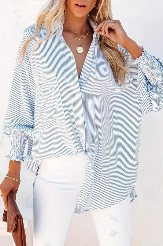 Fall Ready Blue & White Stripe Blouse-[option4]-[option5]-Cute-Trendy-Shop-Womens-Boutique-Clothing-Store