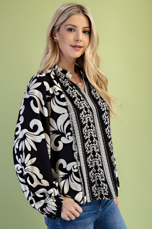 Photo Perfect Ruffled Neck Print Top Black-[option4]-[option5]-Cute-Trendy-Shop-Womens-Boutique-Clothing-Store