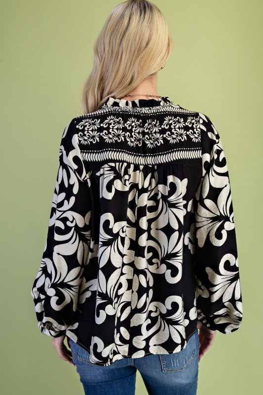 Photo Perfect Ruffled Neck Print Top Black-[option4]-[option5]-Cute-Trendy-Shop-Womens-Boutique-Clothing-Store