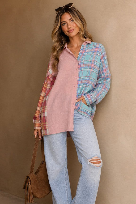 Sweetheart Patchwork Plaid Button-Up Top-Cute-Trendy-Shop-Womens-Boutique-Clothing-Store