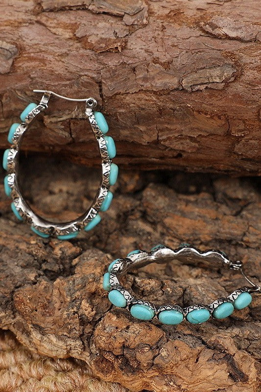Canyon Ridge Antiqued Silver Oval Turquoise Hoops
