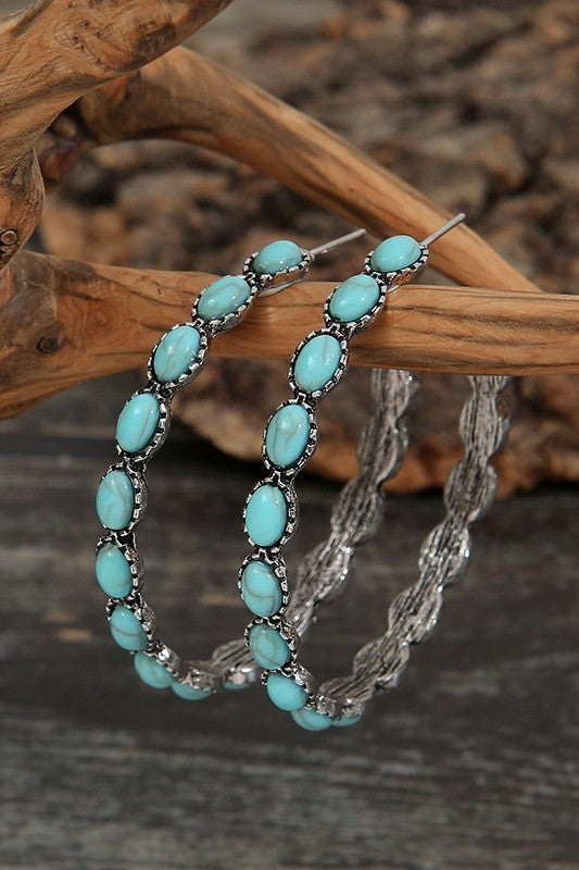 Santa Fe Large Beaded Turquoise Silver Hoop Earrings-Cute-Trendy-Shop-Womens-Boutique-Clothing-Store