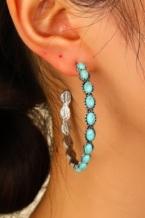 Santa Fe Large Beaded Turquoise Silver Hoop Earrings-Cute-Trendy-Shop-Womens-Boutique-Clothing-Store