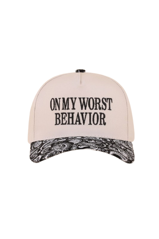 "On my worst behavior" Cap-Paisley Black-[option4]-[option5]-Cute-Trendy-Shop-Womens-Boutique-Clothing-Store