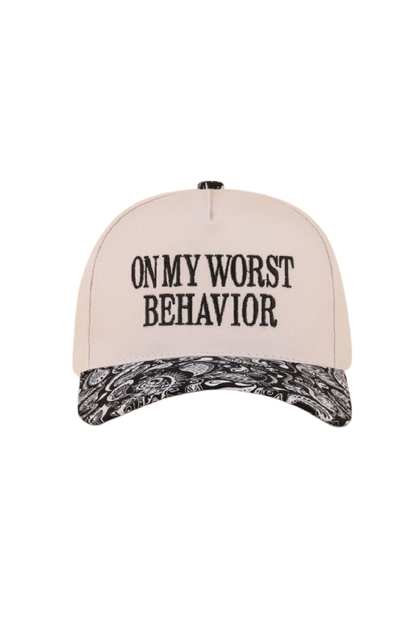 "On my worst behavior" Cap-Paisley Black-Cute-Trendy-Shop-Womens-Boutique-Clothing-Store