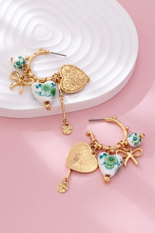 Fleur Romantic Floral Ceramic & Heart Charm Hoop Earrings-Cute-Trendy-Shop-Womens-Boutique-Clothing-Store