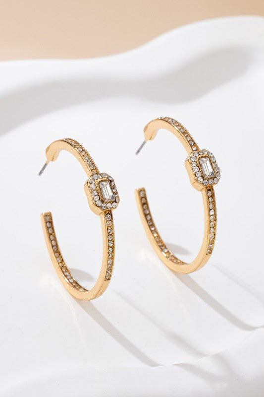 Baguette & Pavé Crystal Gold Hoop Earrings