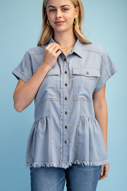 Peplum Perfection Top-SMALL-Light blue denim-[option4]-[option5]-Cute-Trendy-Shop-Womens-Boutique-Clothing-Store