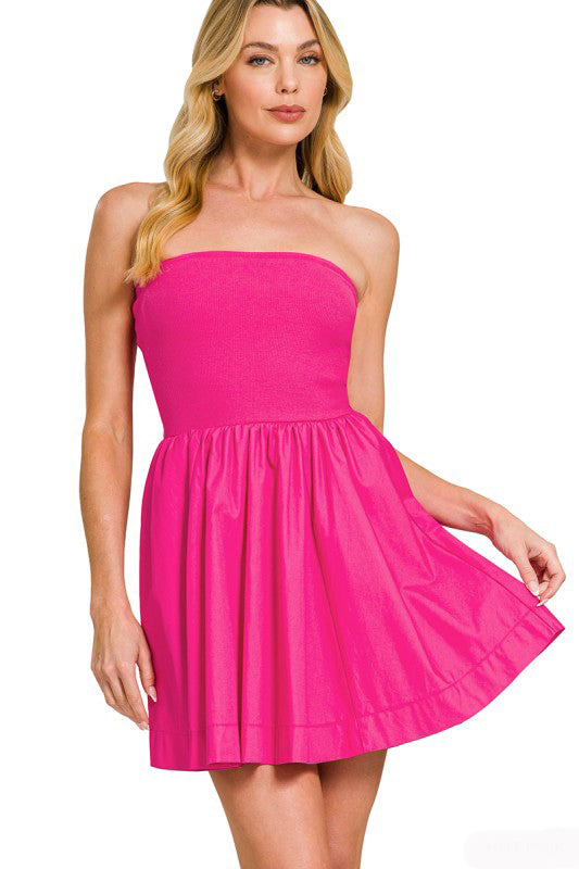 cute summer strapless dresses Sandy Beige Strapless Babydoll Mini Dress  Flowy Ruffle Hem  Olivaceous